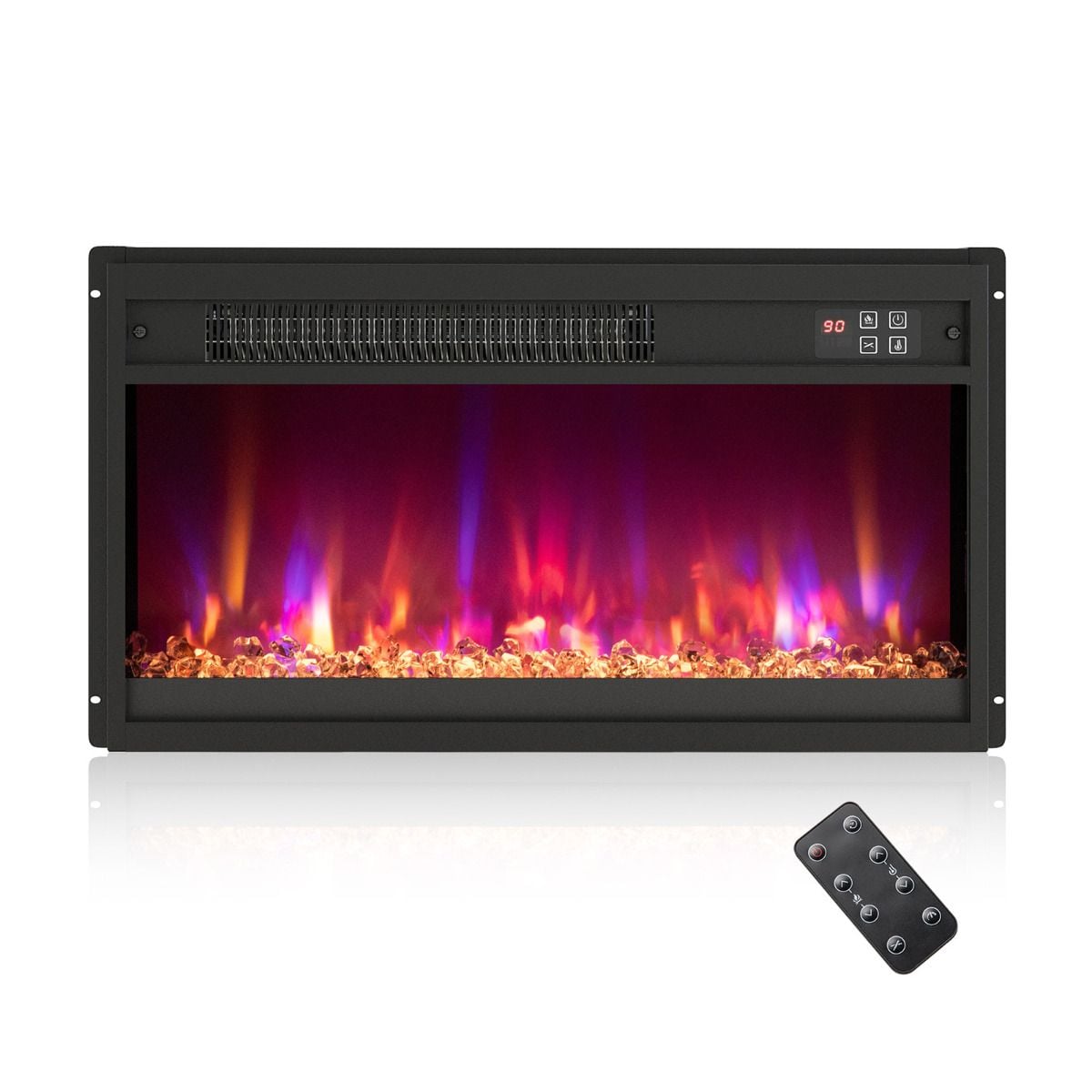 Costway electric fireplace insert showing ember bed and remote control