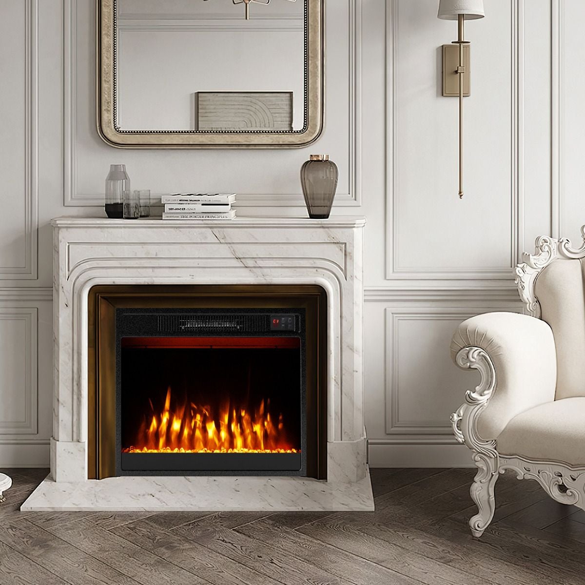 Costway 23 inch recessed electric fireplace insert with flame effect, black, front view