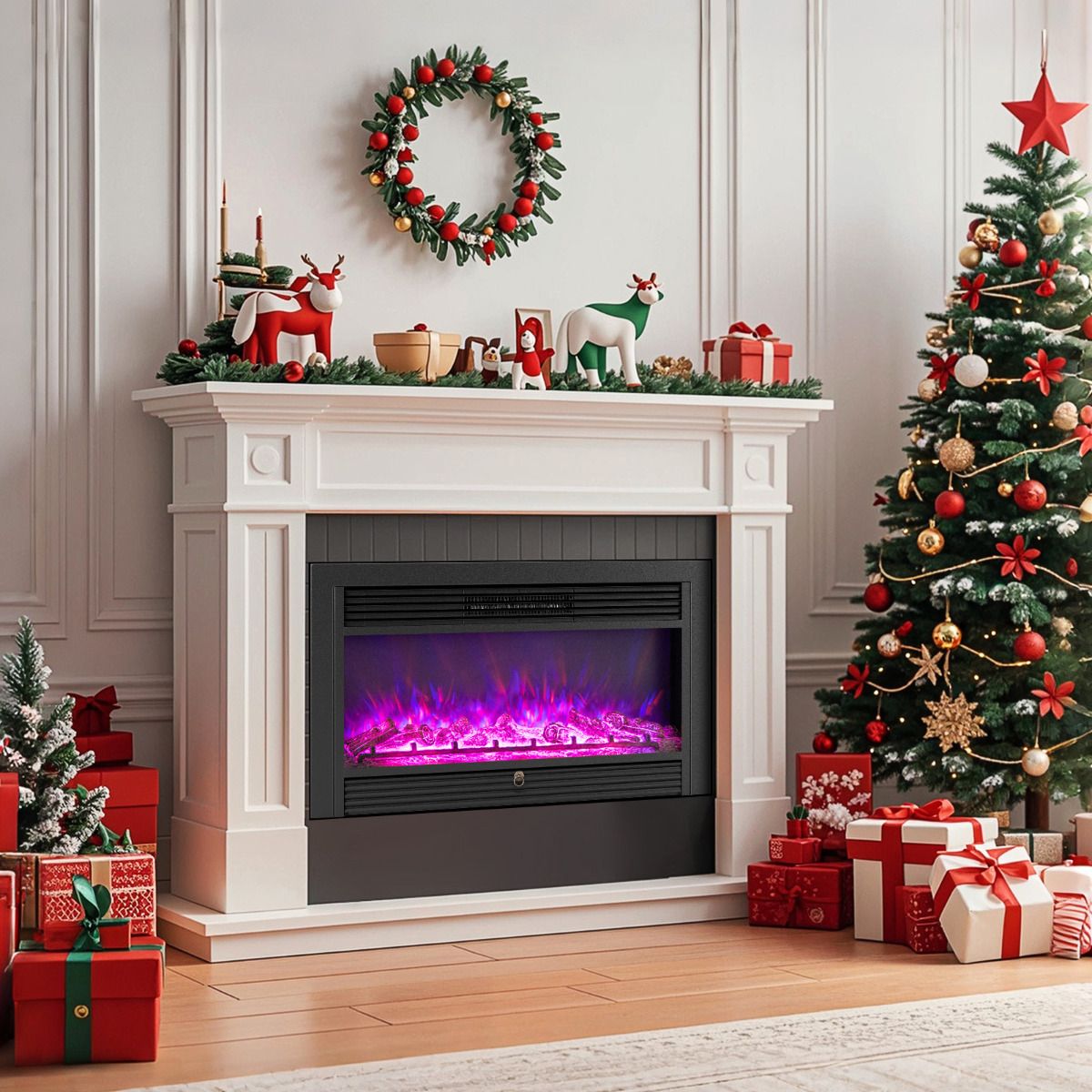 Costway 36 inch wide electric fireplace insert with flame effect, black, front view