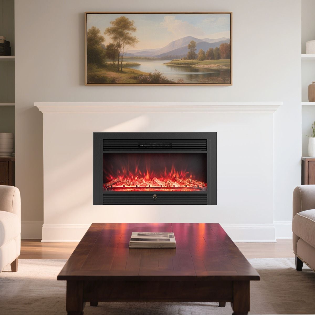 Costway 36 inch electric fireplace tempered glass front and brightness levels close-up