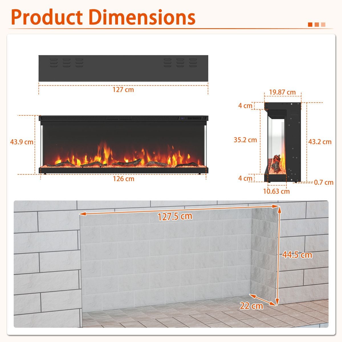 3 Sided Electric Fireplace 50 inch Recessed/Wall-Mounted/Freestanding Fire Place Heater — image 5