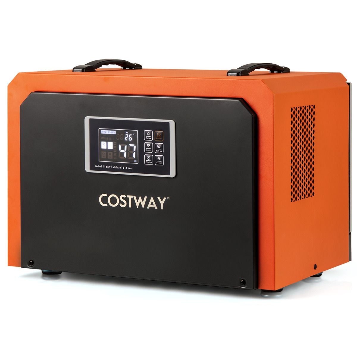 Costway 60L crawl space dehumidifier control panel and high-airflow grille close-up
