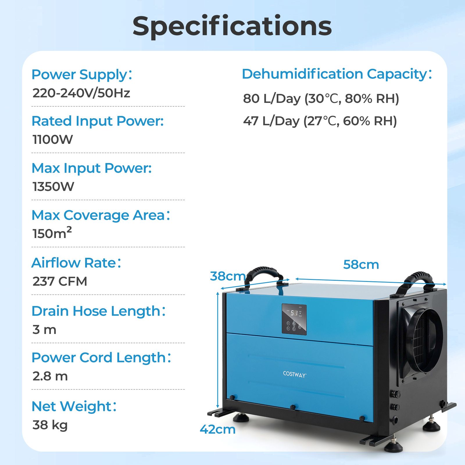 80L/Day Crawl Space Dehumidifier Commercial Dehumidifier with 3 Modes — image 3