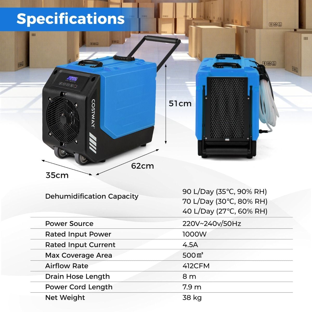 90L/Day Commercial Dehumidifier with Pump and 2 Wheels — image 5