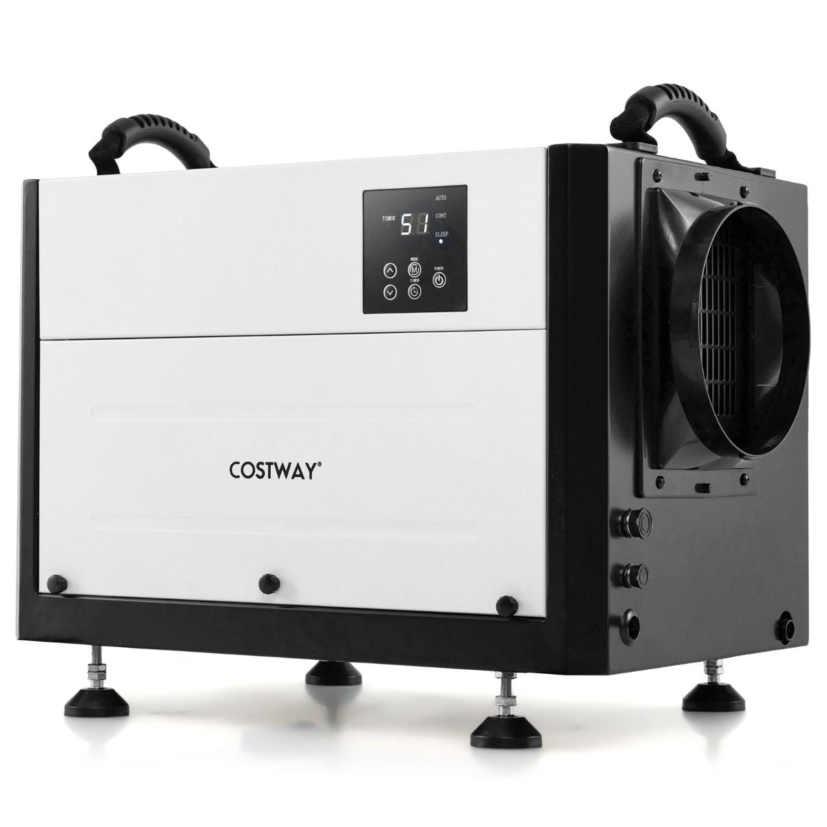 Costway crawl space dehumidifier shown hanging installation with drain hose