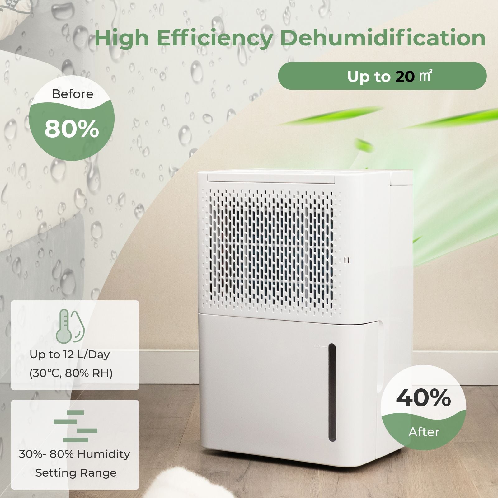 Costway 12L dehumidifier smart touch panel and continuous drying hose