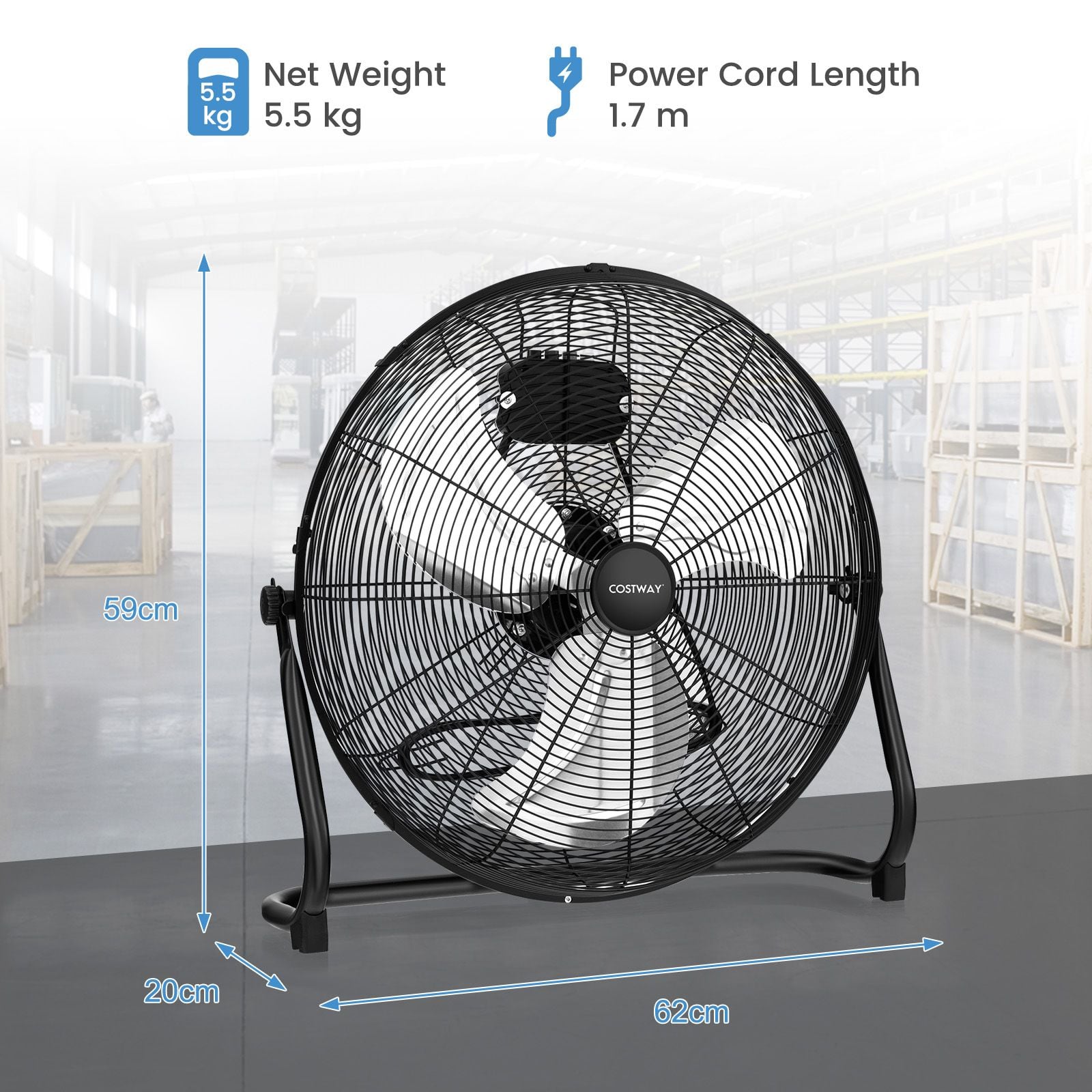160W High Velocity Floor Fan with 3 Speed and Adjustable Tilting Head — image 6