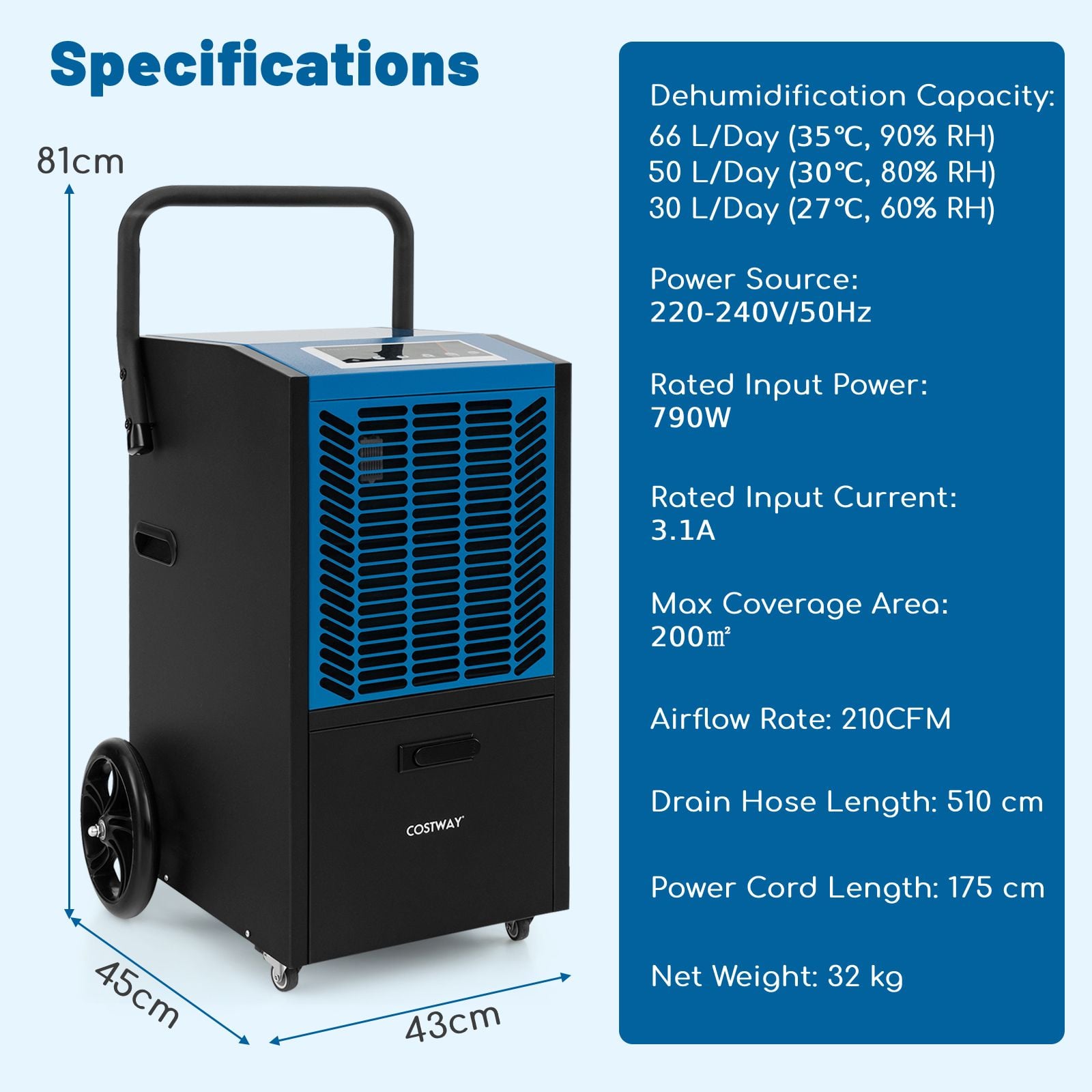 66 L/Day Industrial Dehumidifier with Pump for Basement Drying Clothes — image 6