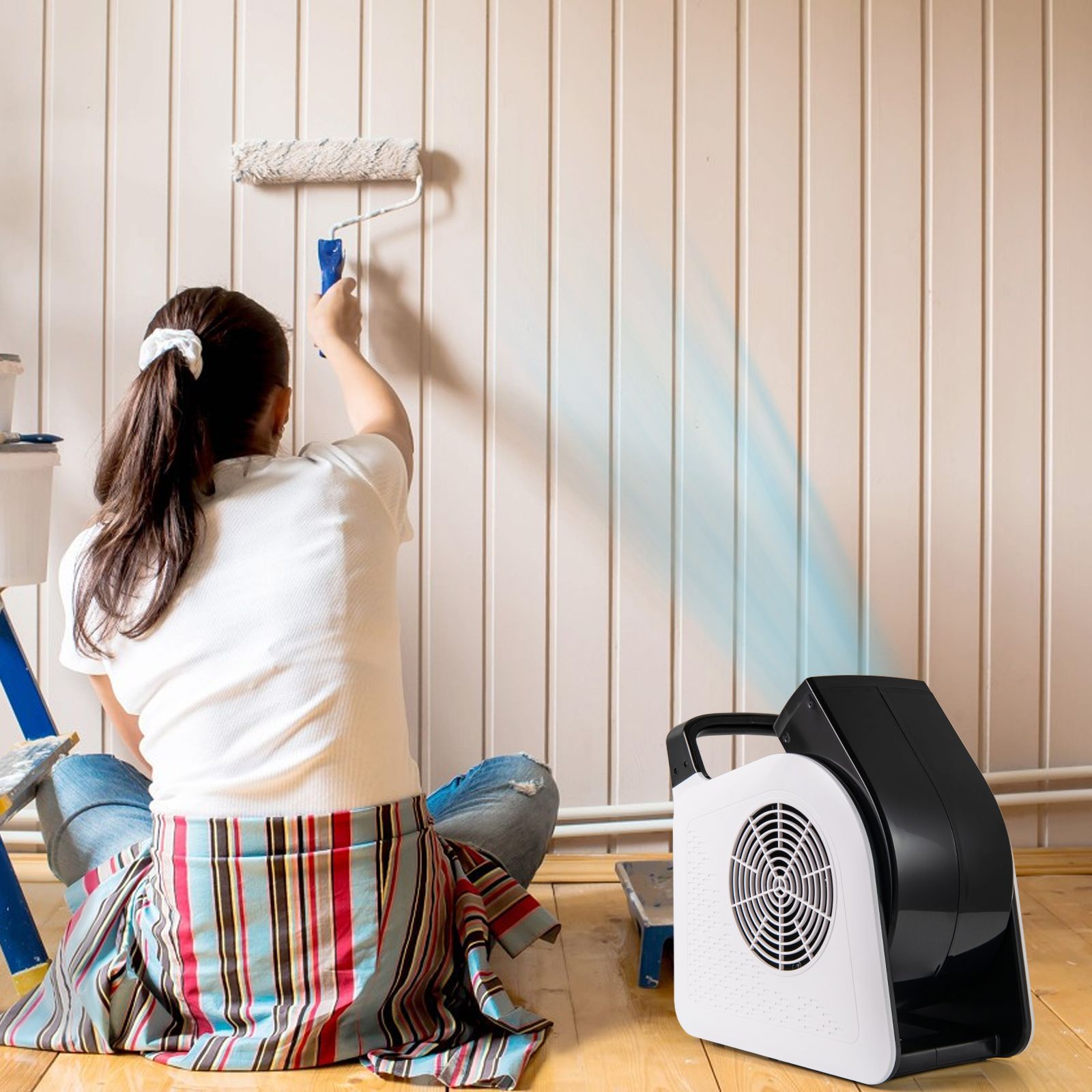 Costway 3-speed blower fan showing built-in AC outlet and carry handle