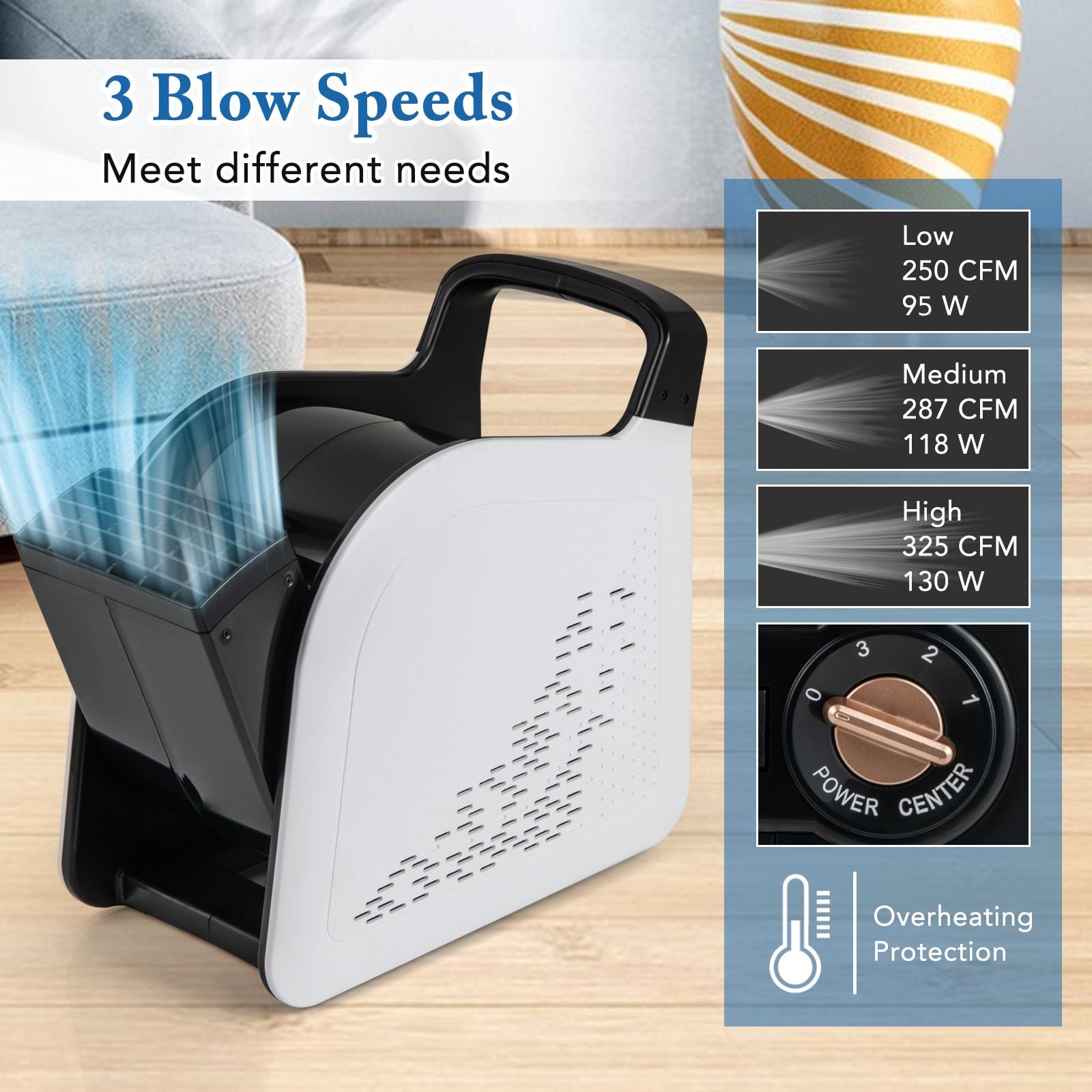 Air Mover Carpet Dryer with 3 Speeds 185° Pivoting Head and 1 AC Outlet — image 5