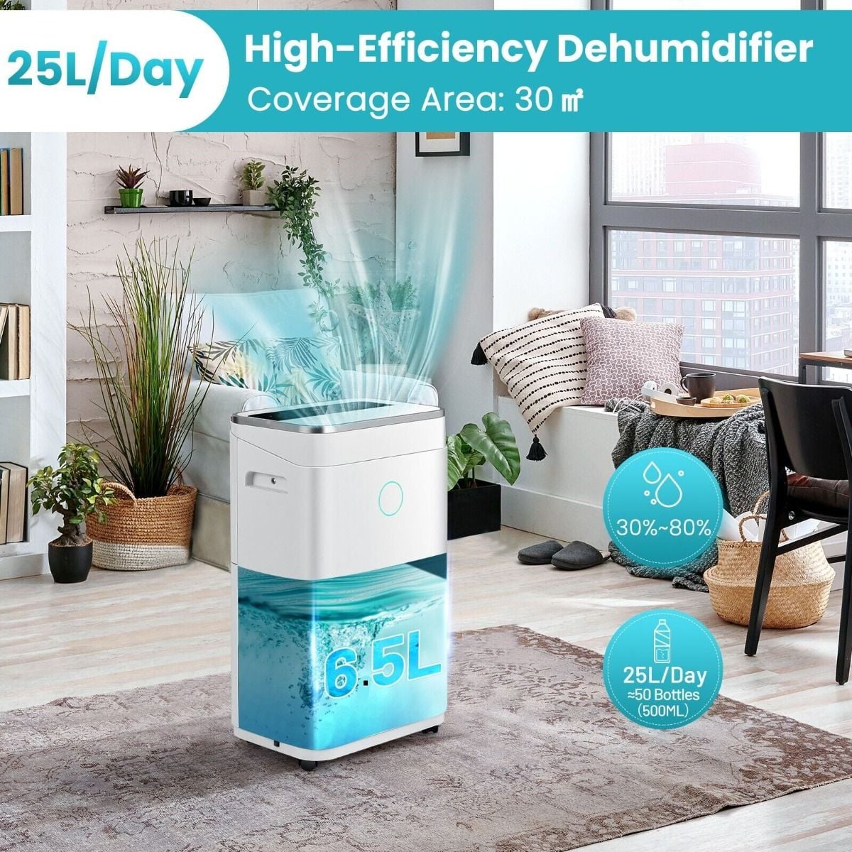 20L/25L Per Day Dehumidifier with 6.5L Water Tank and 24H Timer for Home Basement — image 3