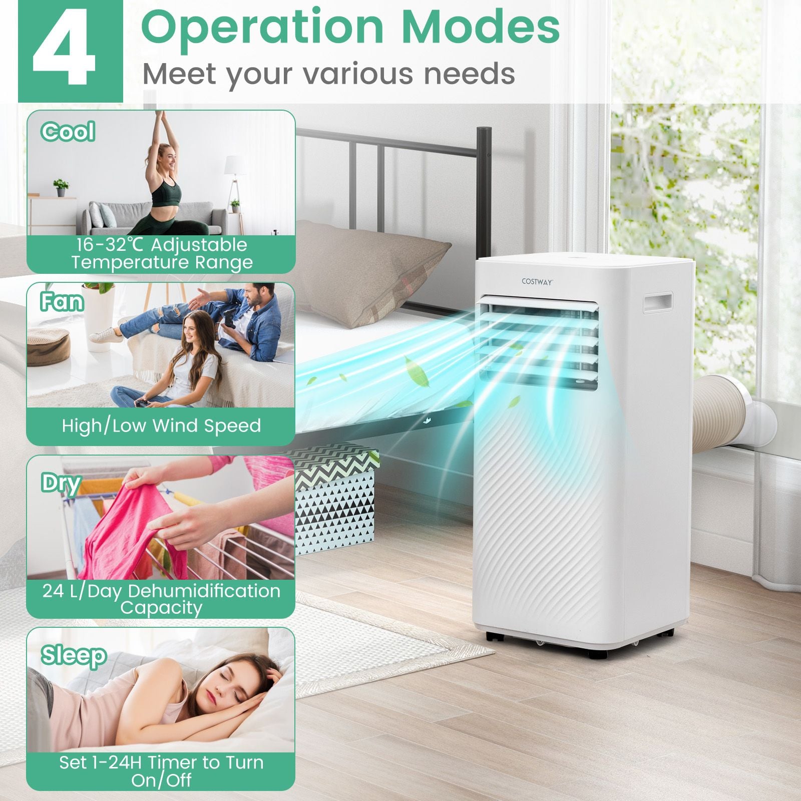 White Costway 9000 BTU portable AC with window venting kit