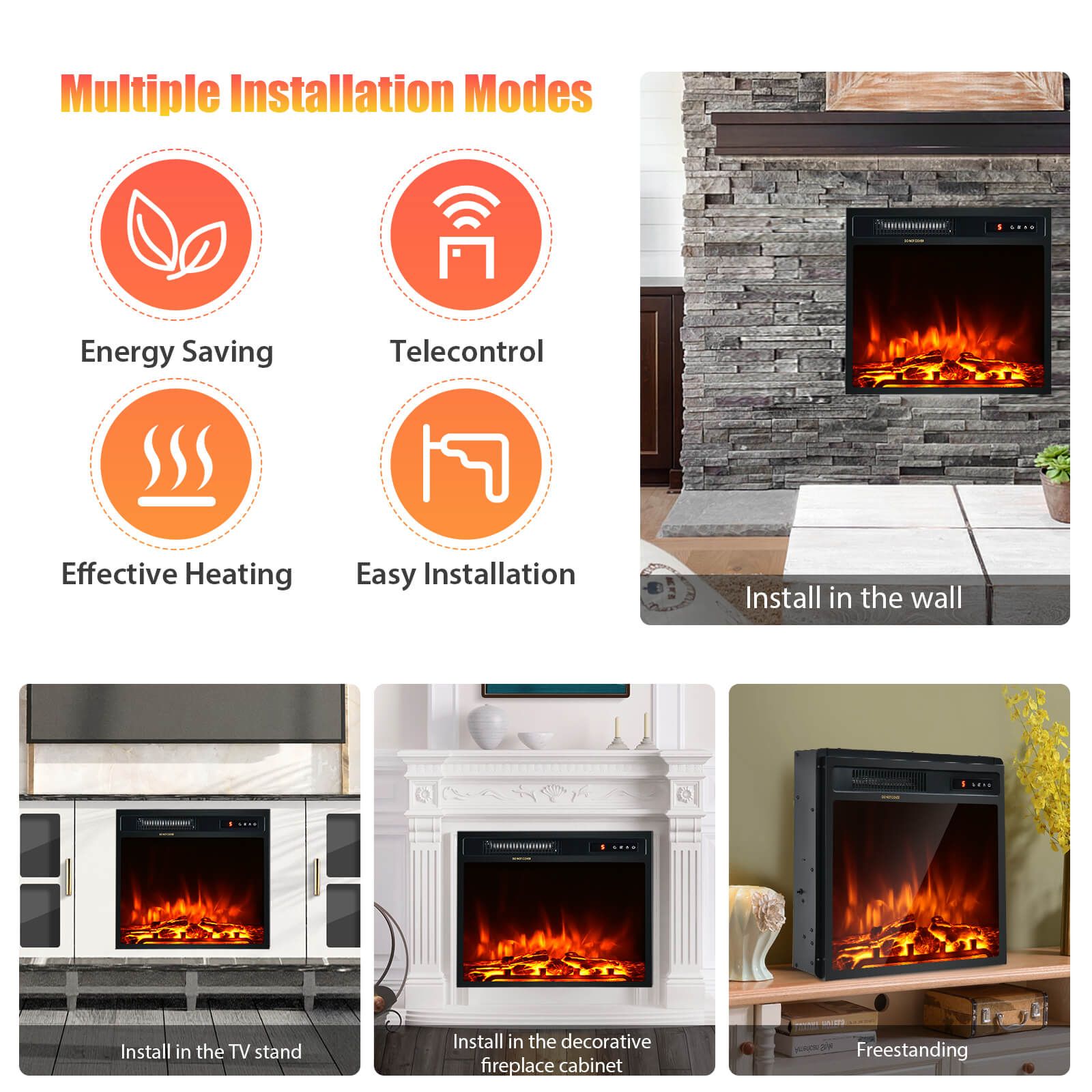 45cm Electric Fireplace 1500W with Remote Control and Adjustable Flame — image 5