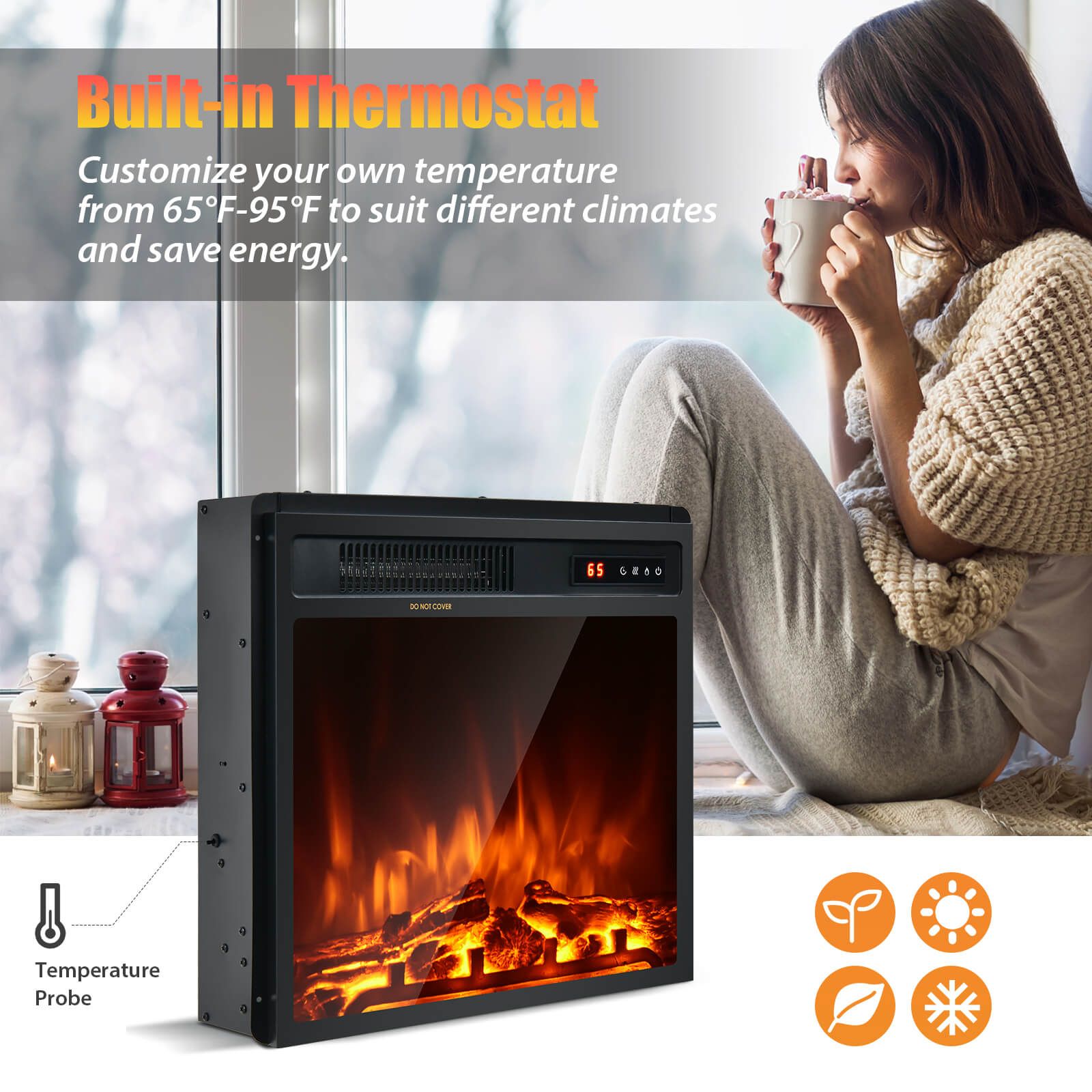 Costway 45cm electric fireplace, black, multi-colour flame effect