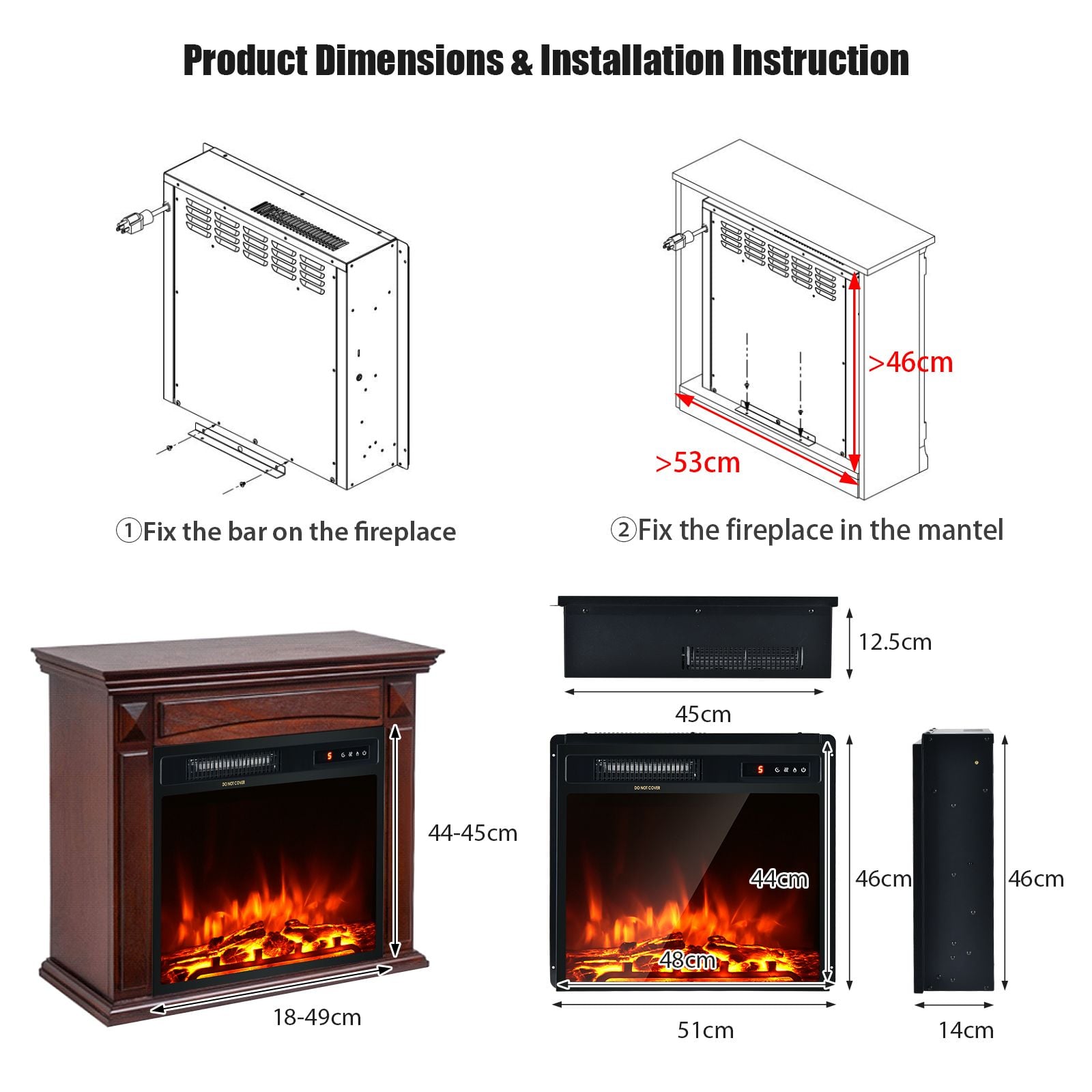 Black Costway 1500W electric fireplace heating up to 37m²