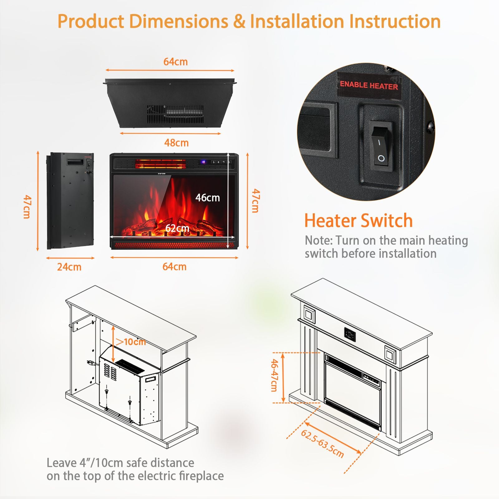 64cm Electric Fireplace Wall Mounted with Remote and Thermostat — image 4