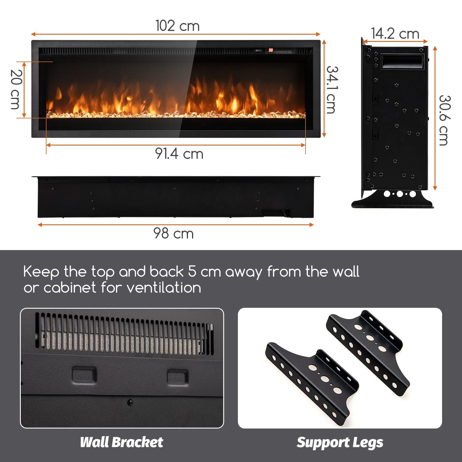 102/127 cm Wall Mounted Recessed Freestanding Electric Fireplace — image 6