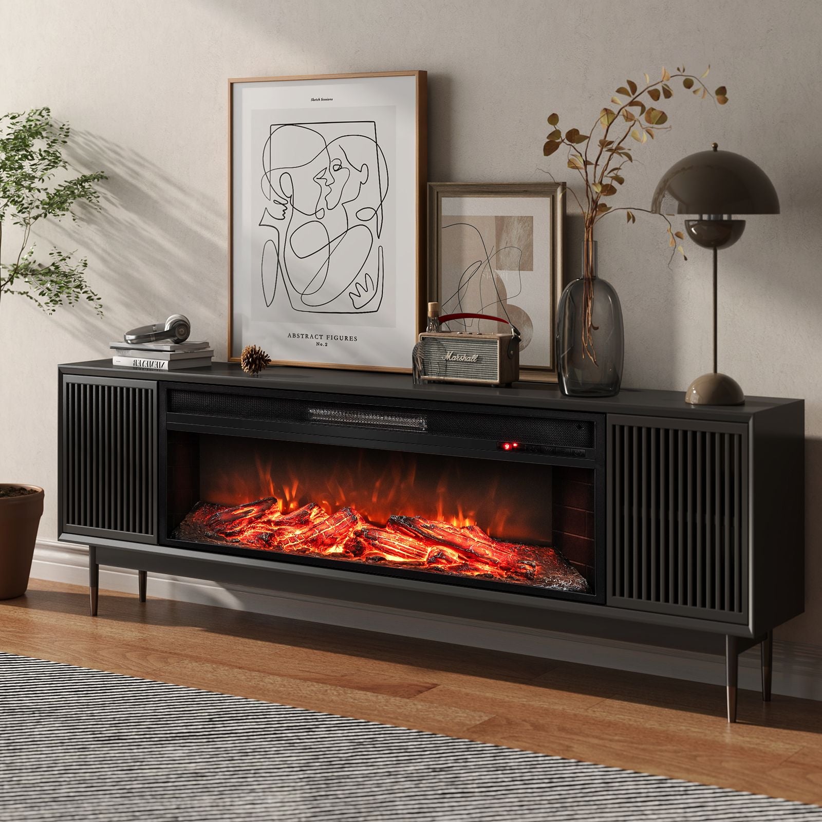 Costway 86cm recessed electric fireplace insert, front view with flame effect