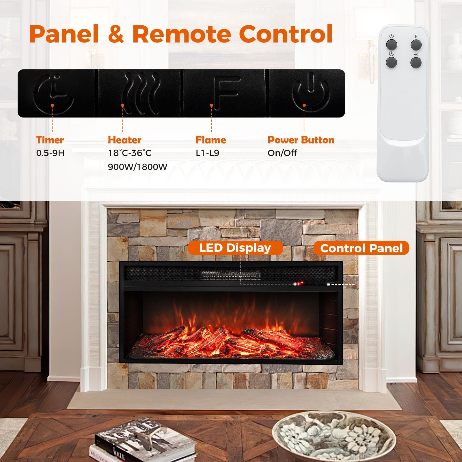 86 cm 5000 BTU Recessed Electric Fireplace Insert with Remote Control — image 5