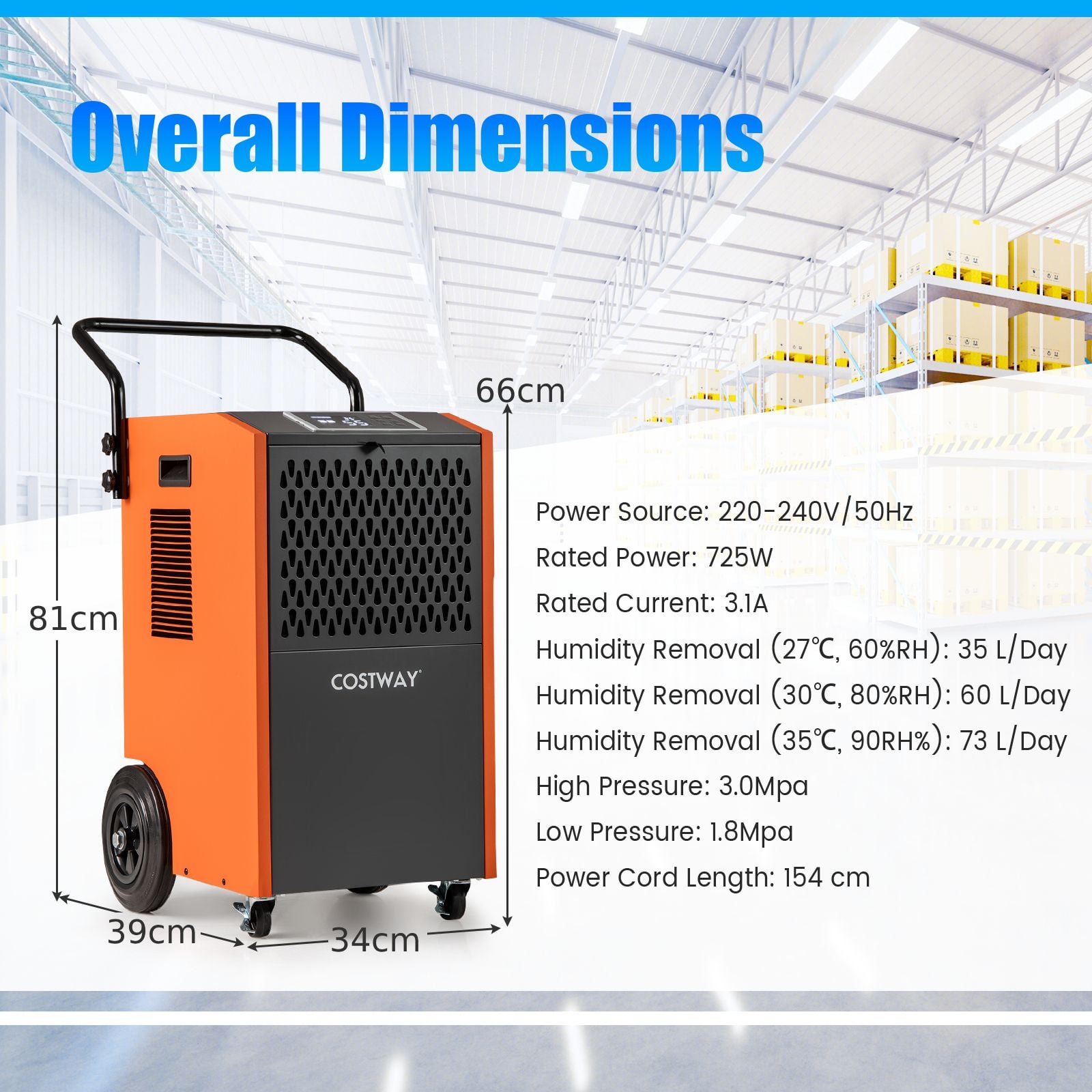 73 L/Day Industrial Dehumidifier with Drain Hose and Timer — image 5