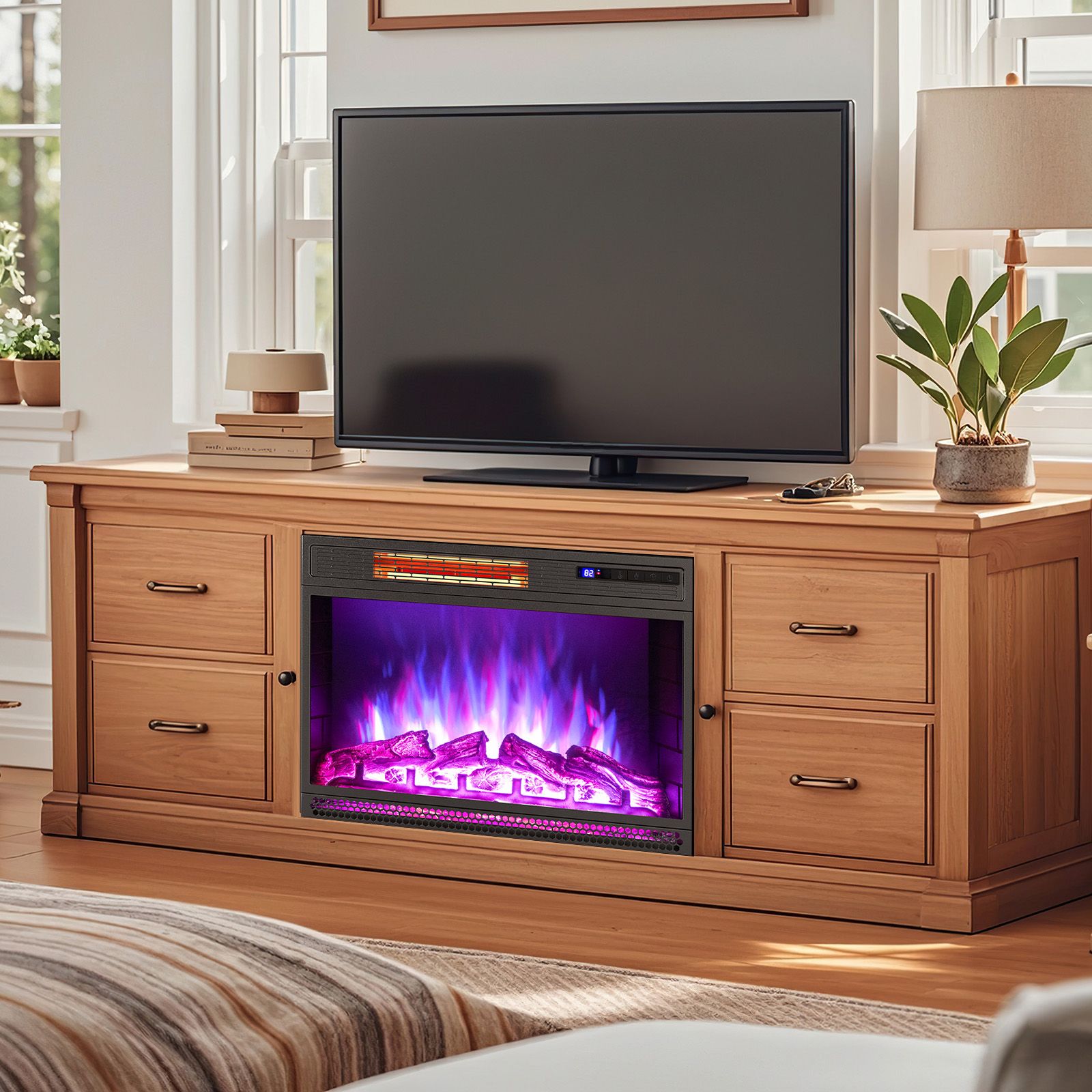 Costway 25 inch recessed infrared electric fireplace insert with flame effect, black, front view