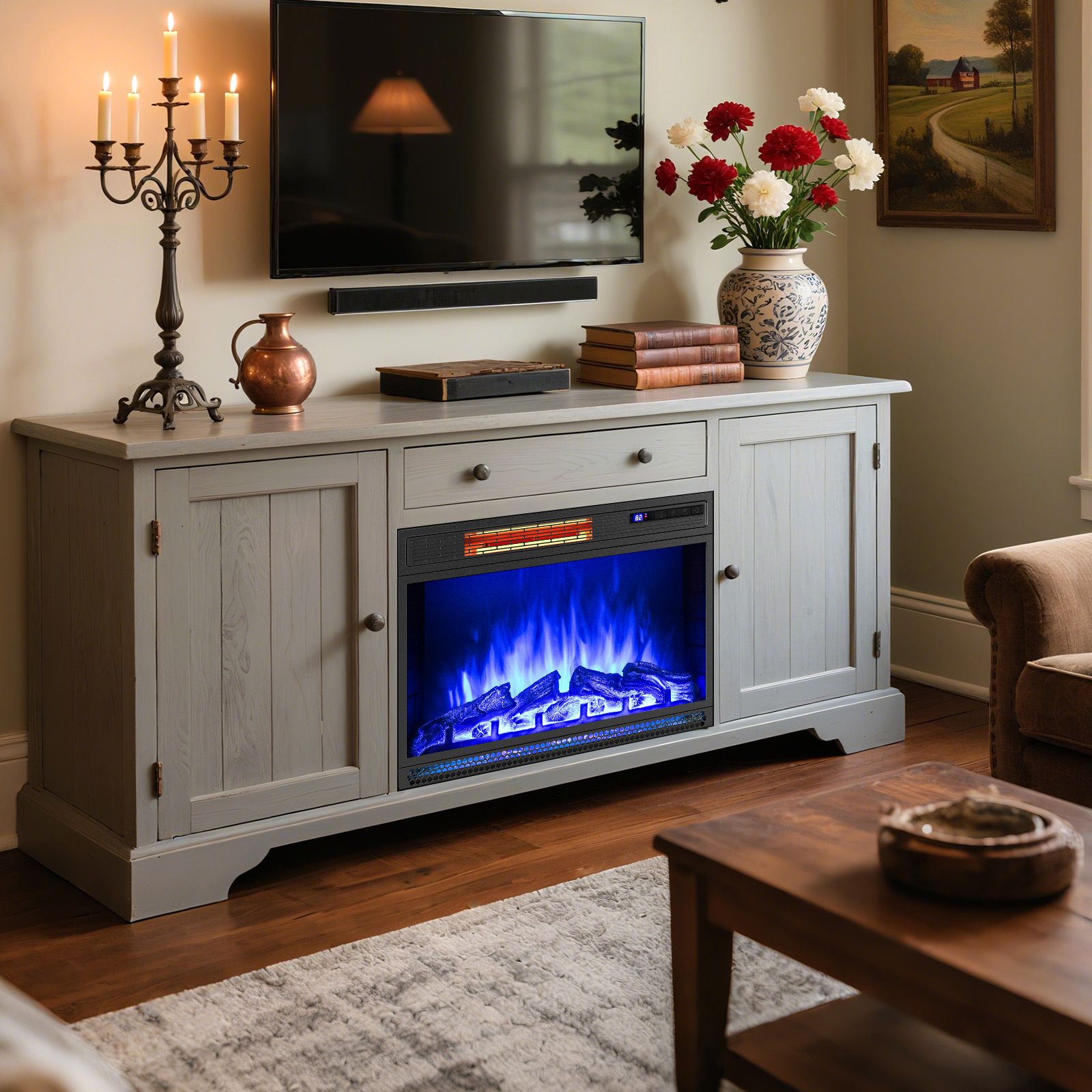 Costway 25 inch infrared electric fireplace remote and thermostat display close-up