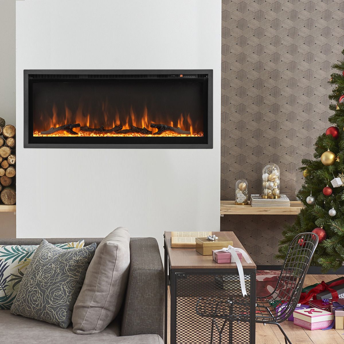 Costway 36-inch linear electric fireplace with log and crystal decor, front view