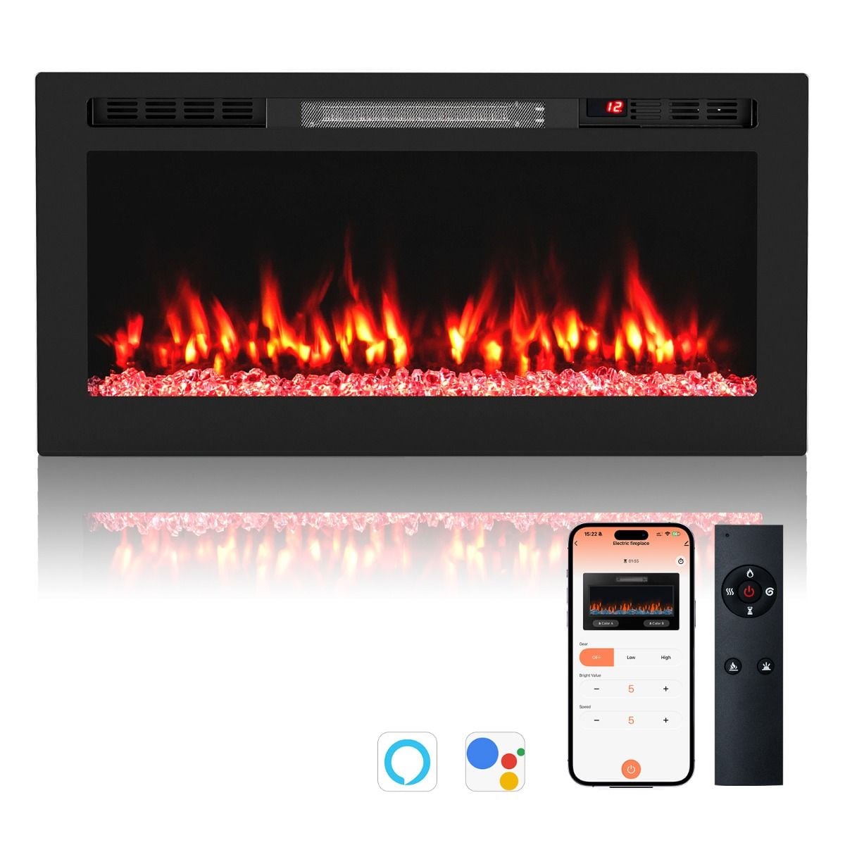 Costway smart electric fire showing multicolour flame and ember bed