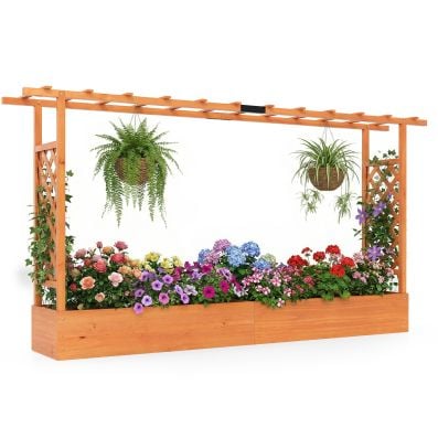 Wooden raised garden bed with side trellis, ideal for flowers and climbing plants, perfect for patios and balconies.