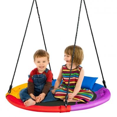 Round 100cm saucer swing with colorful design, featuring a pillow and handles, perfect for outdoor fun with friends.