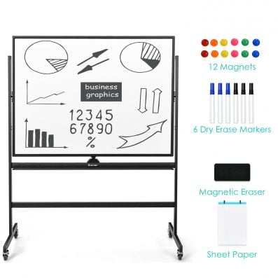 Mobile double-sized whiteboard with 4 lockable wheels, measuring 90 x 120cm, ideal for schools and offices.