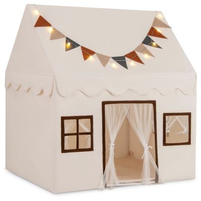 Toddler playhouse tent in beige with mesh curtains, colorful flags, and string lights for imaginative play and cozy.