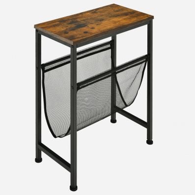 Narrow 2-tier side table with a rustic wood top and mesh magazine holder, perfect for small spaces and stylish decor.