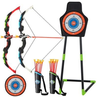 Kids bow and arrow set featuring 2 LED bows, 20 suction cup arrows, and a target for indoor or outdoor fun.