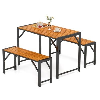 3-piece patio dining set featuring a rectangular acacia wood table and 2 benches, perfect for outdoor gatherings.