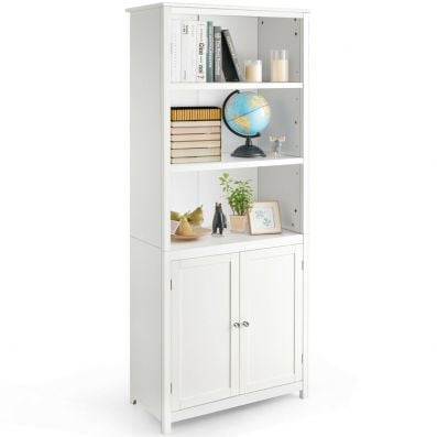 Tall white bookcase featuring 3 open shelves and a 2-door cabinet, made of durable MDF and PB, ideal for home.