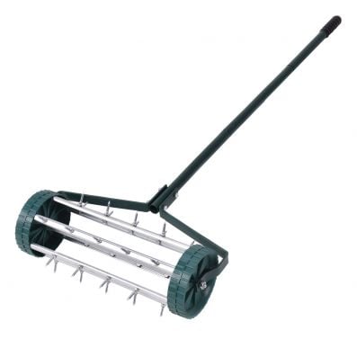 Heavy duty rolling lawn aerator with metal spikes and green PP wheels for easy aeration and healthier grass roots.