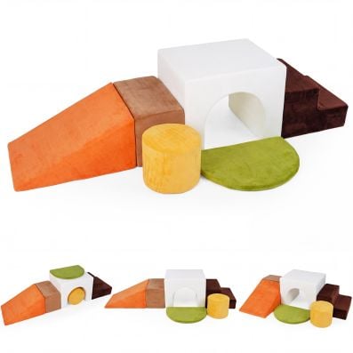 Colorful 6-piece foam climbing blocks set with slide and tunnel, designed for safe indoor play and imaginative.