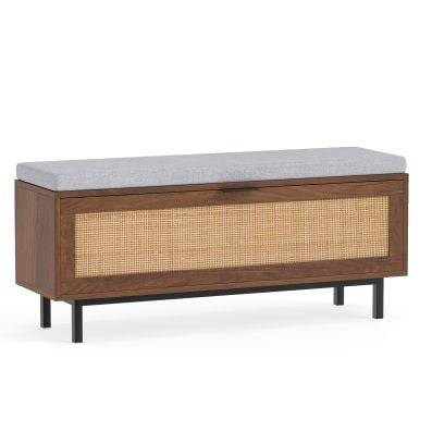 Farmhouse shoe storage bench with padded cushion, rattan door, and sturdy metal frame for organized entryway convenience.