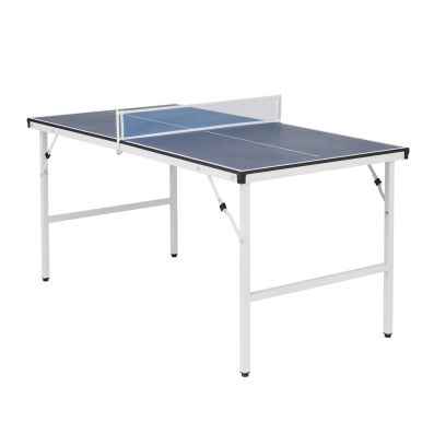 Foldable ping pong table with net, featuring a water-resistant surface and sturdy metal supports for indoor and outdoor.