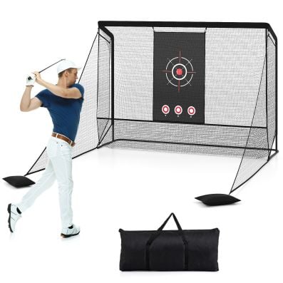 Golf practice hitting net with aiming aid pattern, sturdy metal structure, and portable carrying bag for indoor/outdoor.