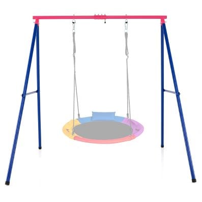 Large A-frame swing stand in red and blue, made of heavy-duty steel, suitable for various swings, ideal for outdoor use.