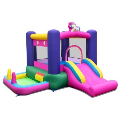 Brightly colored inflatable bounce castle with slide, basketball hoop, and ball pit for backyard fun and entertainment.