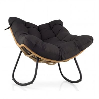 Oversized black Papasan rocking chair with thick cushion, crafted from PE rattan and metal, ideal for outdoor lounging.