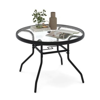 Round outdoor bistro table with tempered glass top, featuring a ripple texture and 4.2 cm umbrella hole for shade.