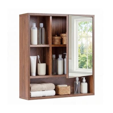Wall-mounted storage organizer with a mirrored door and adjustable shelf, designed for efficient bathroom organization.