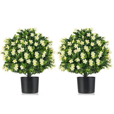 Artificial boxwood topiary ball trees with white flowers in black pots, perfect for indoor or outdoor decoration.
