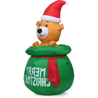 Inflatable LED Christmas bear in a gift bag with Santa hat, perfect for festive indoor and outdoor decoration.
