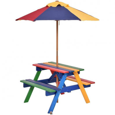 Children's wooden picnic bench with colorful parasol, made of 100% fir, perfect for outdoor play and dining.