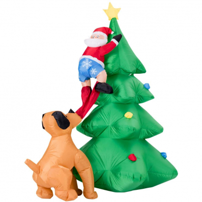 Inflatable dog chasing Santa up a Christmas tree, 1.8m tall, with LED lights for festive indoor or outdoor decor.